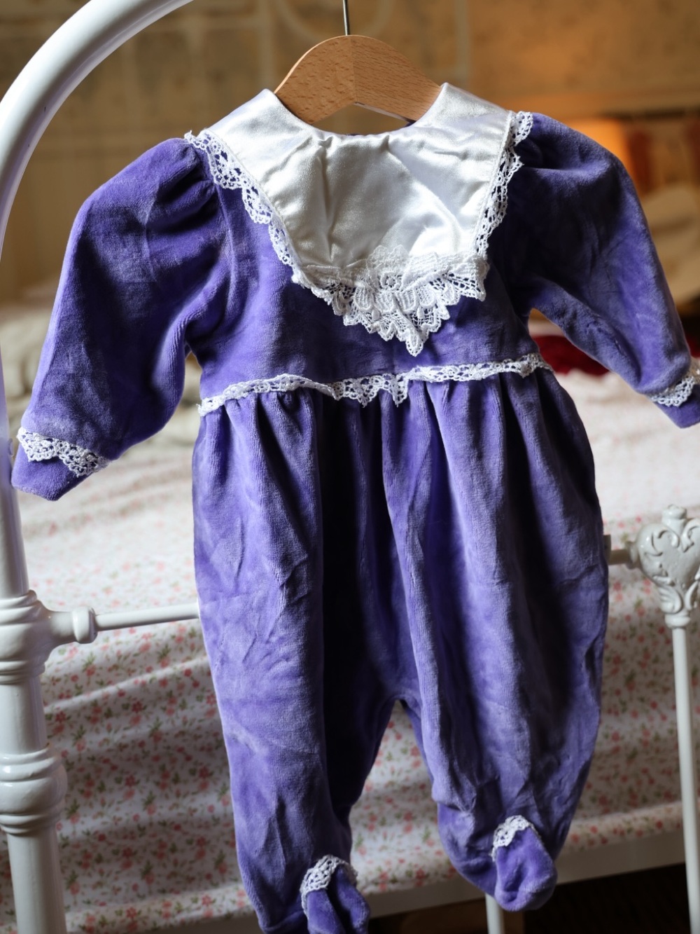 Vintage Baby Velour Footed Romper 3M Purple Satin Sailor Collar Lace